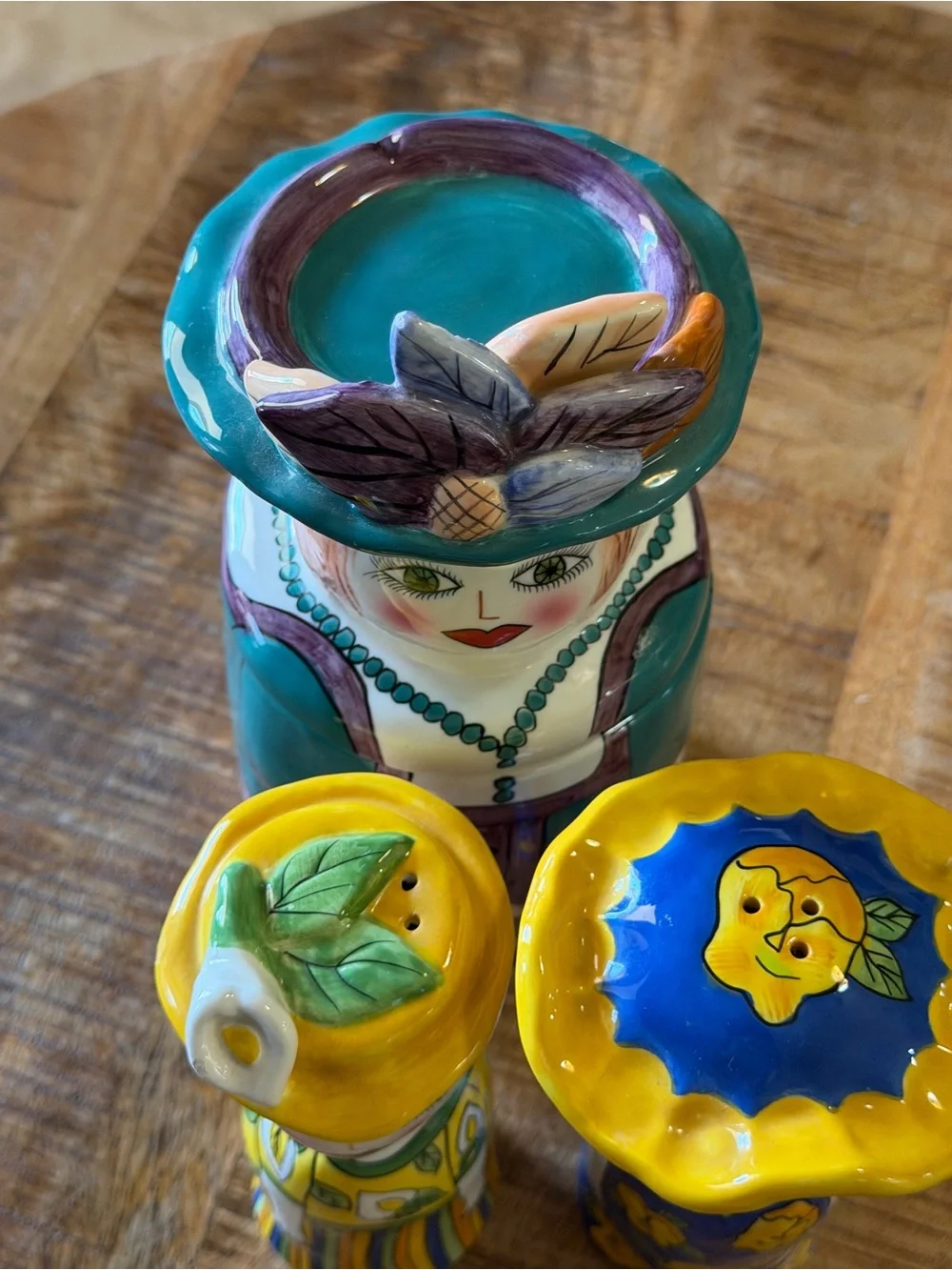 Vintage Susan Paley Hand Painted Ceramic Figural Set 3 Salt & Pepper, Cookie Jar